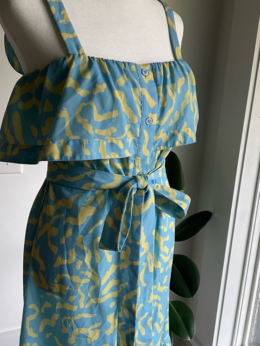 Derek Lam Blue yellow Scribble Print Tie Midi Dress Size 42 US 6 /Medium - Picture 3 of 11